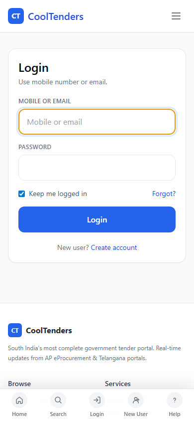 Create account or login screenshot