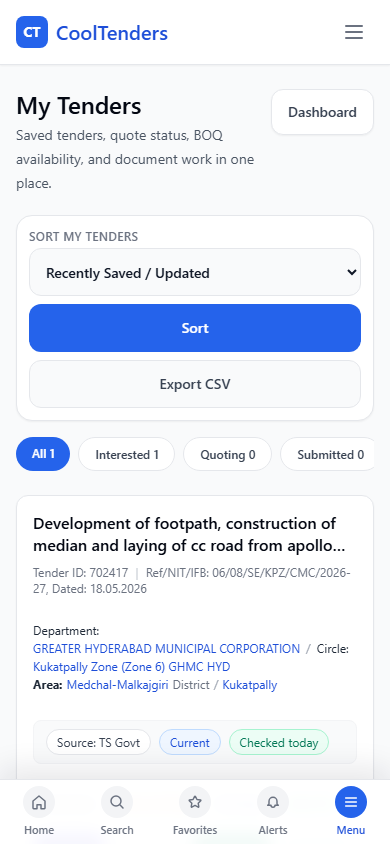Manage saved tenders screenshot